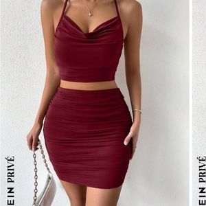 Shein draped collar, tie backless halter top and Ruched skirt